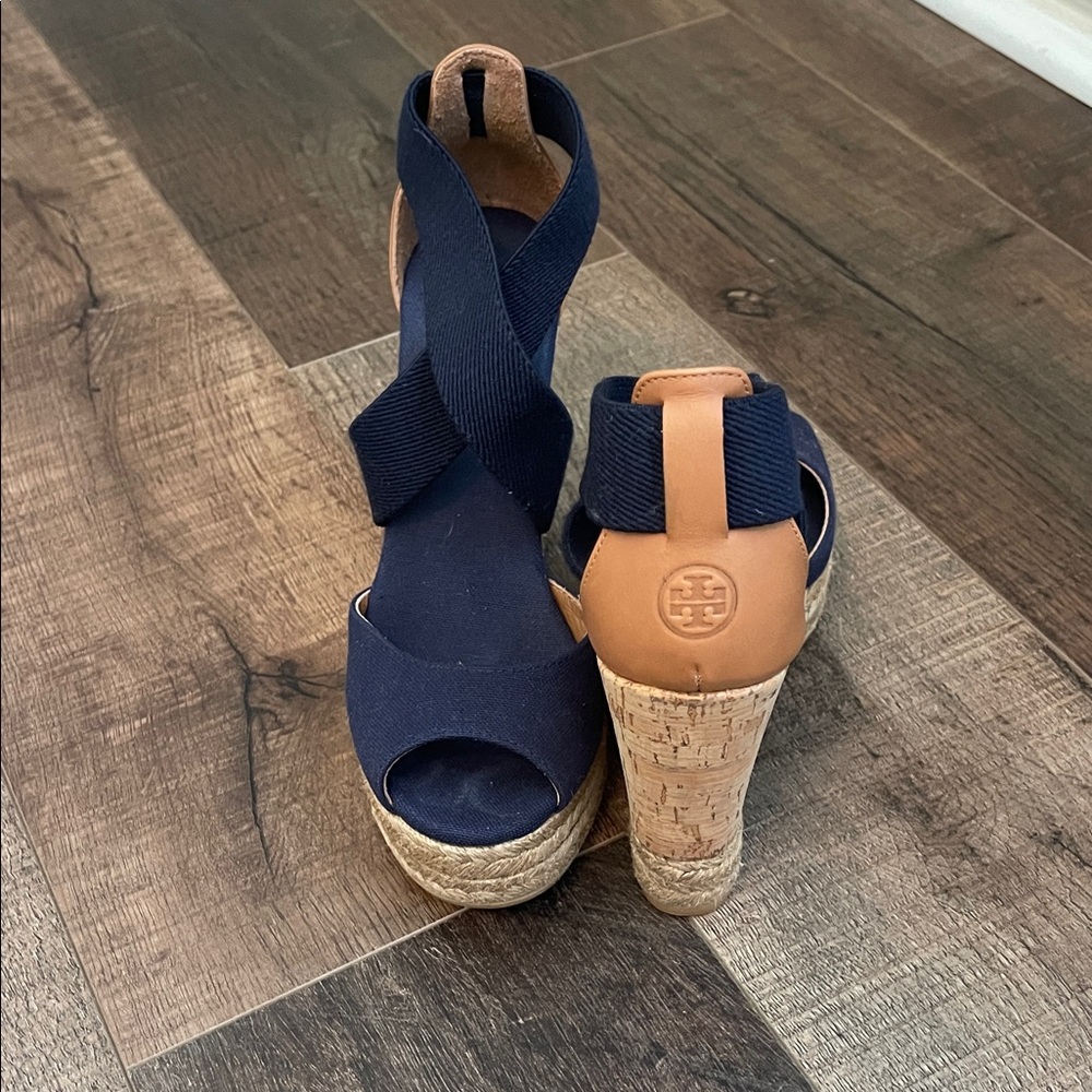 Tory Burch Navy/Tan Wedge Sandals